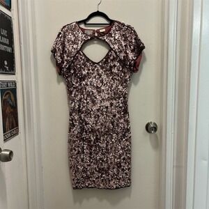 Stenay Sequin Cutout Short Sleeve Mini Dress Rose Gold Sparkly Party Silk